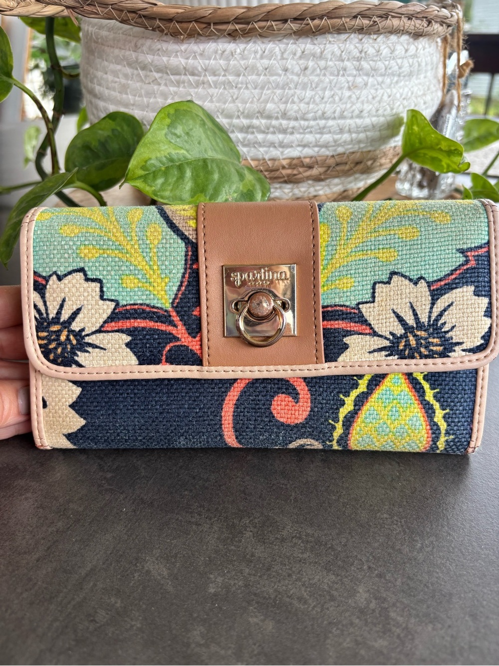 Spartina 449 Multi-Color Floral Convertible Wallet Clutch with Tan Trim